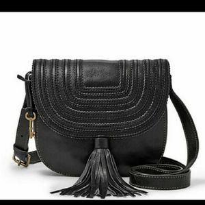 Fossil Emi Black Leather Fringe Tassel Crossbody bag